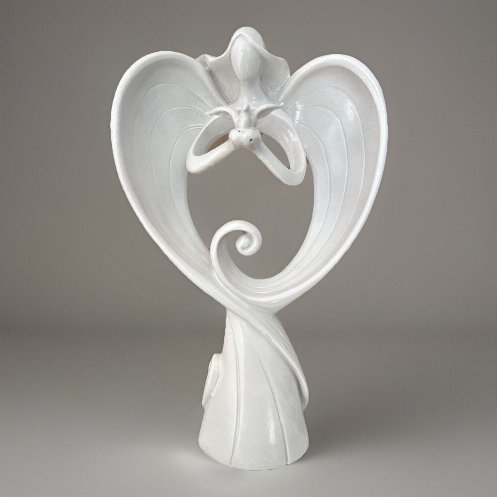 Herco Angel Figurine with Bird White Resin Sculpture Modern Abstract Art 10”